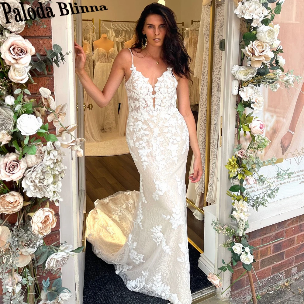 Paloda Stylish Deep V Neck Wedding Dresses for Women Lace Appliques Bridal Gown  Robe De Mariee  Spaghetti Straps Drop Shipping 1