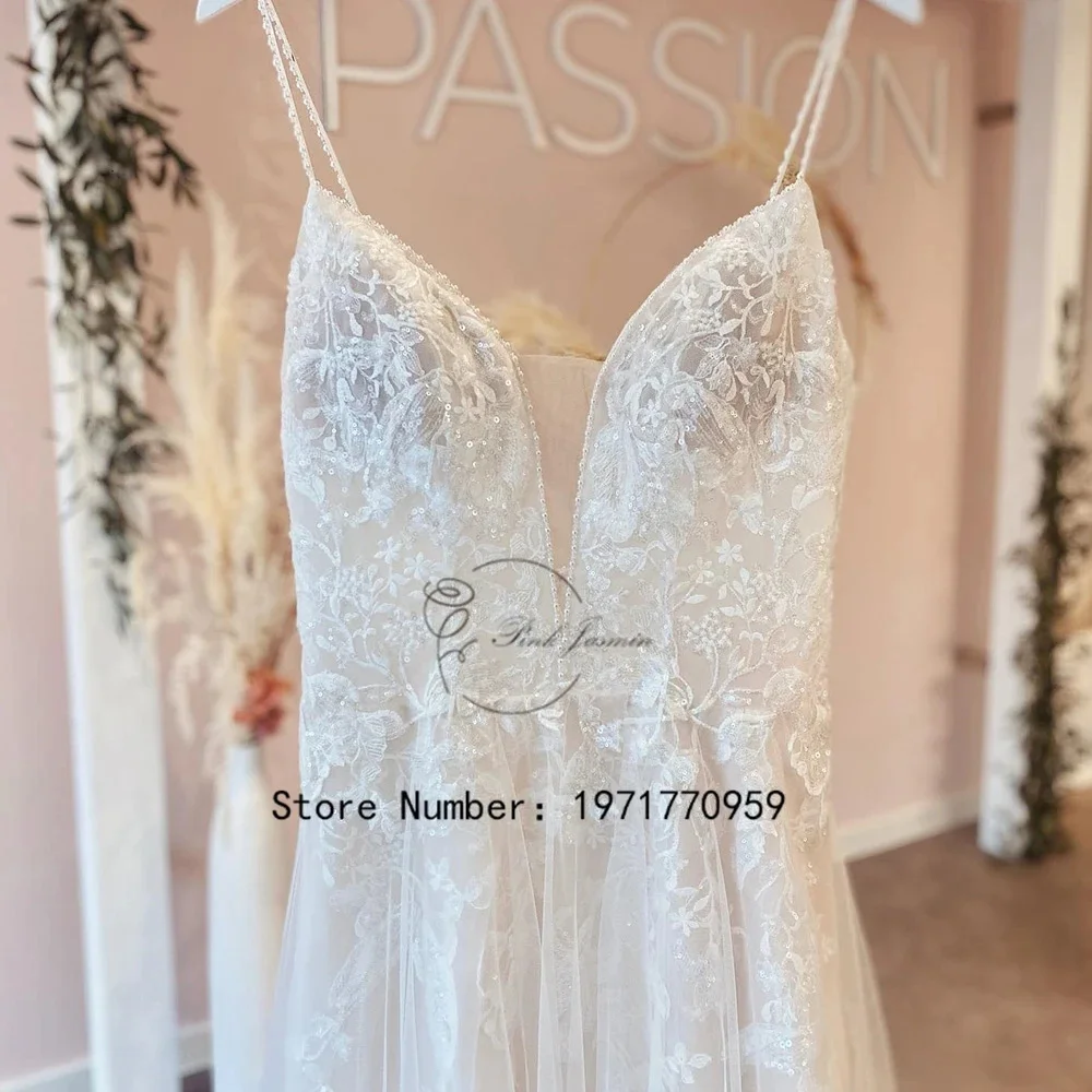 Glitter Spaghetti Straps Wedding Dresses For Women Applique Bridal Gown High-Quality Tulle Zipper Back vestidos de novia 2024 1