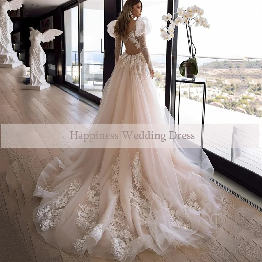 Sweetheart Lace Appliques Puff Long Sleeve Wedding Dress A-Line Backless  And Zipper Long Train With Appliques Bridal Dress, Beyondshoping