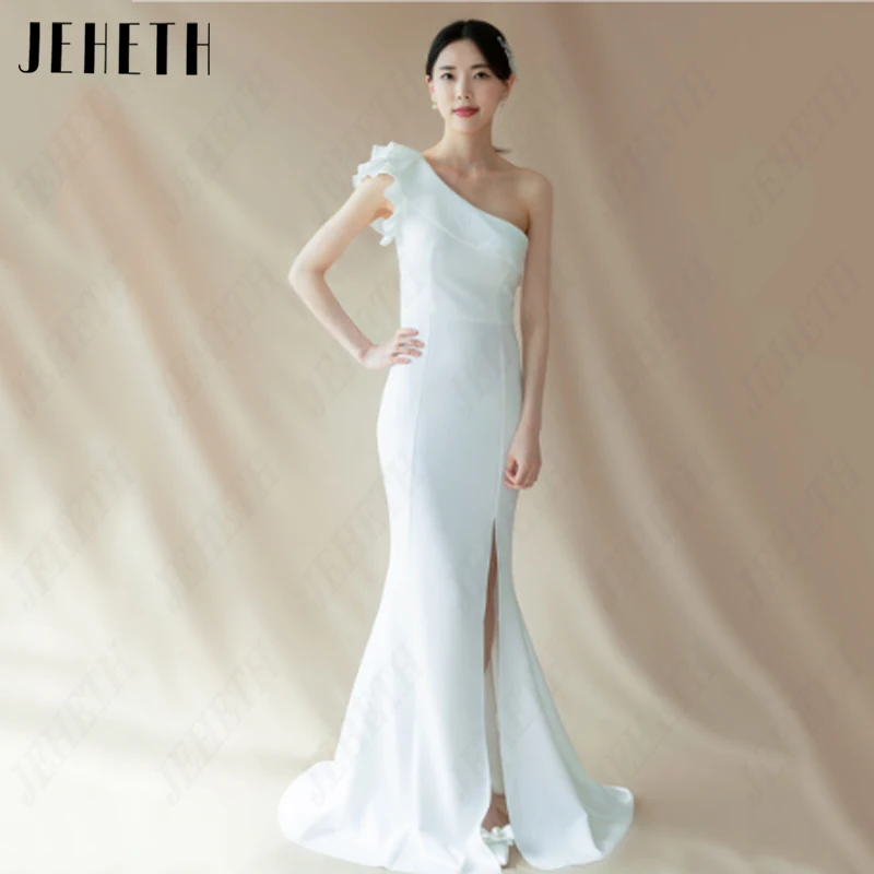 JEHETH One Shoulder Mermaid Korea Wedding Dress Women Simple Sleeveless Bride Gowns Elegant Backless Vestido De Novia Side Split 1