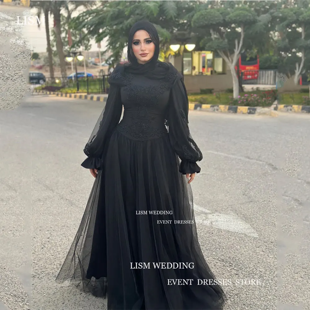 LISM Vintage Black Tulle Lace Applique Evening Dress Saudi Arabia Dubai Puff Sleeves A-Line Floor-Length Prom GownWith Veil 1