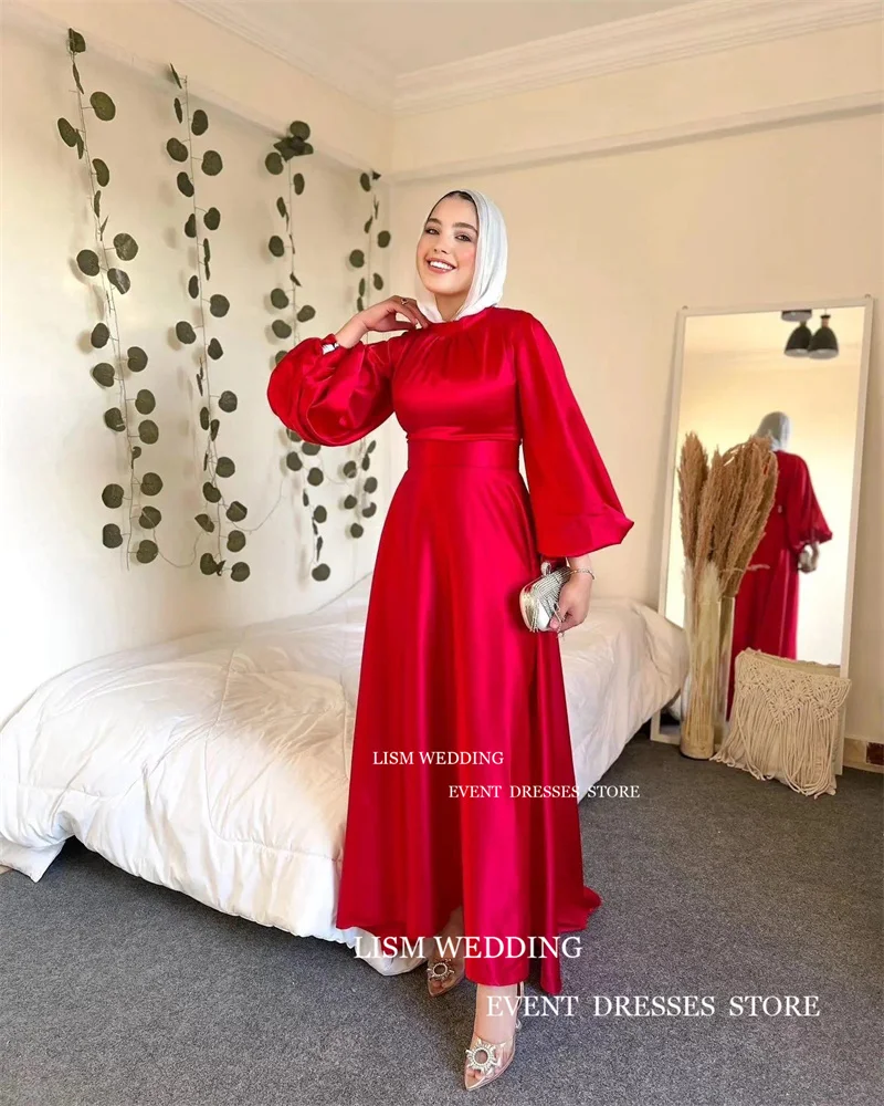 LISM Vintage Red Satin Evening Dress Saudi Arabia Dubai Puff Sleeves A-Line Ankle-Length Formal Occasion Dress With Veil 1