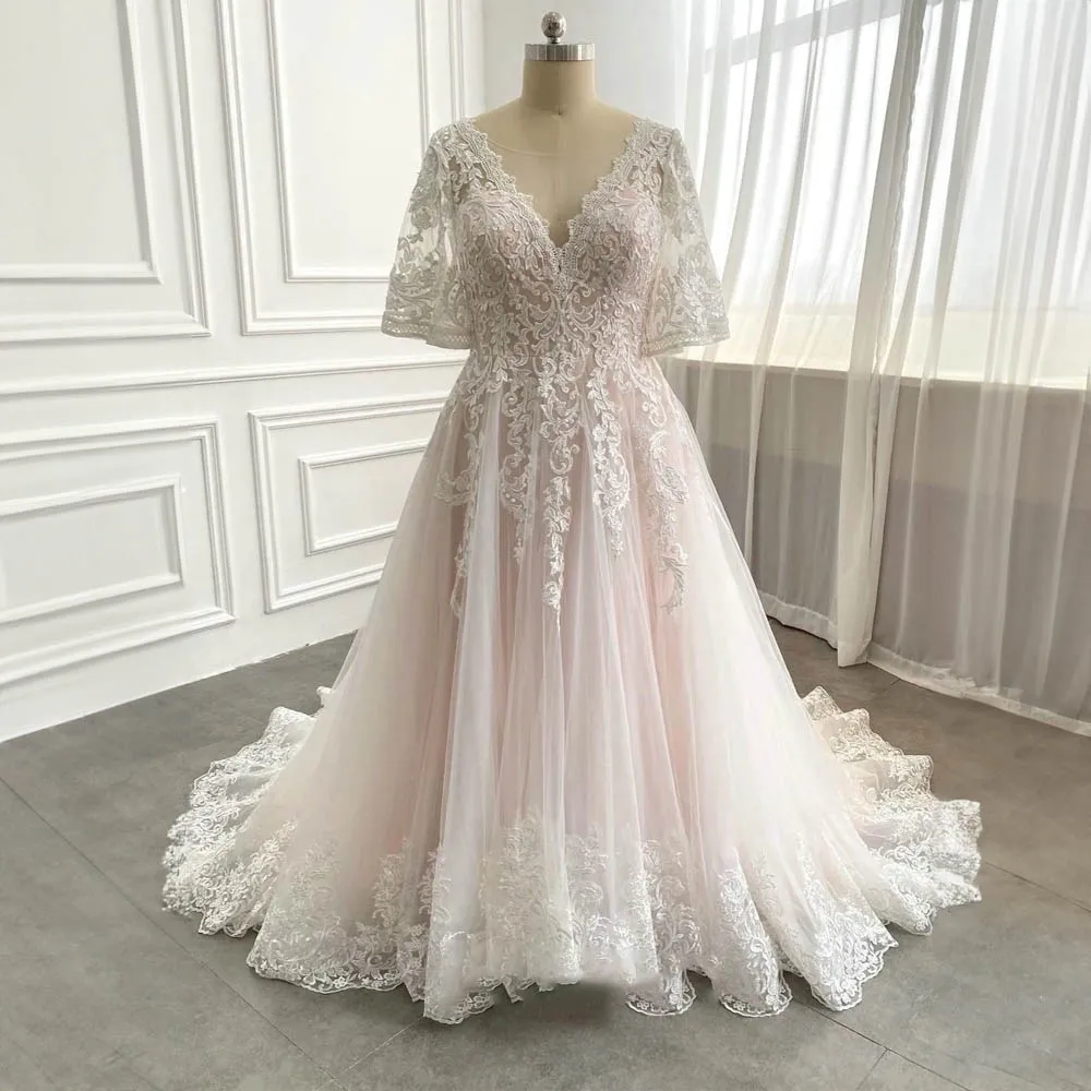 V-neck Short Sleeves Floral Appliques Wedding Dress A-line Tulle Lace Wedding Gown Backless Court Bridal Gown vestidos de novia 1