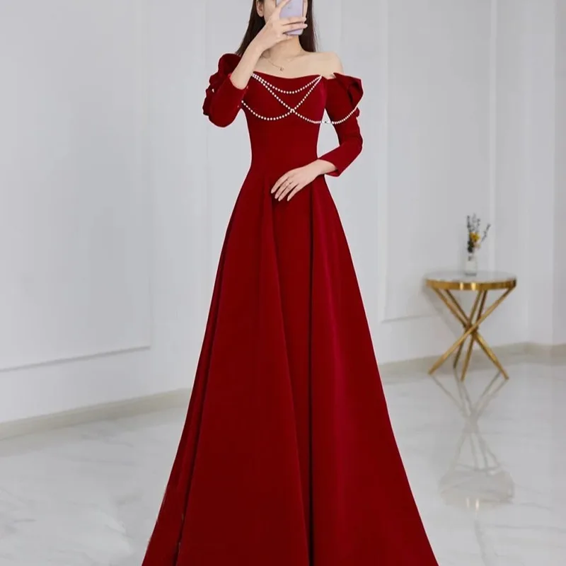 One Shoulder Long Sleeve Slim Wasit Evening Dresses Beading Design Elegant Wedding Party Vestidos Simple Temperament Prom Dress 1