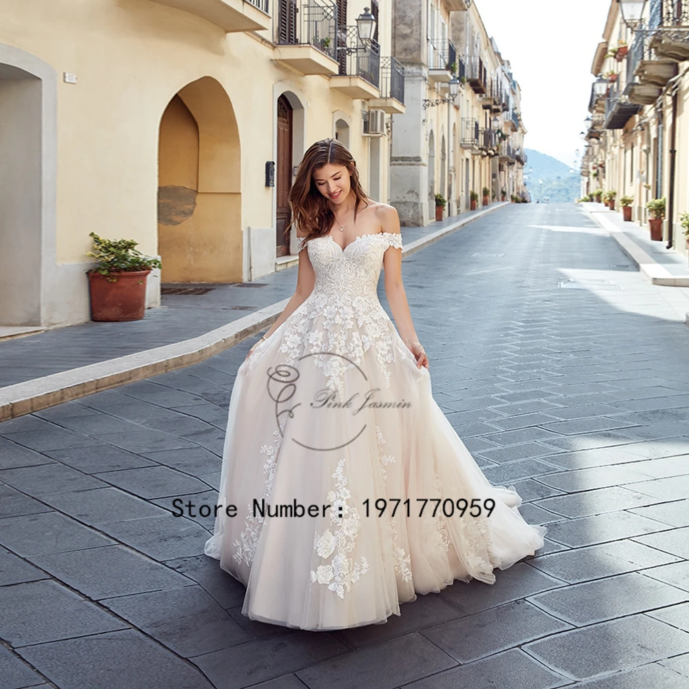 Exquisite Off Shoulder Wedding Dresses Sweetheart Applique A-Line Lace Bridal Gown Button Tulle 2024 New vestidos de novia 1