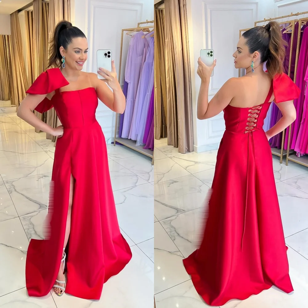 Exquisite One-shoulder A-line Floor Length Evening Dresses Bows Satin Formal Occasion Gown black dresses women 1