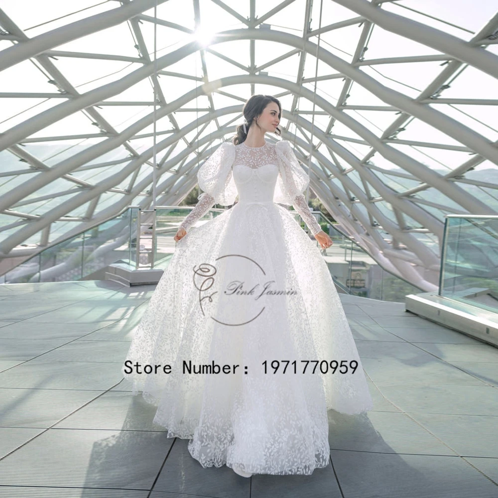 Luxury High Neck Wedding Dress High Quality Lace Puffy Full Sleeves Wedding Gowns Court Train Custom Made vestido de noiva 2024 1