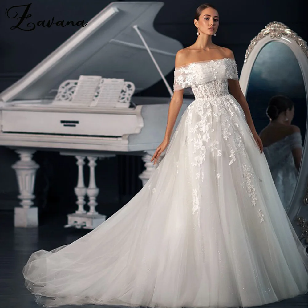 Zavana Graceful A-line Wedding Dresses 2024 Bride Strapless Appliques Button Off the Shoulder Sequins Court Train Custom Made 1