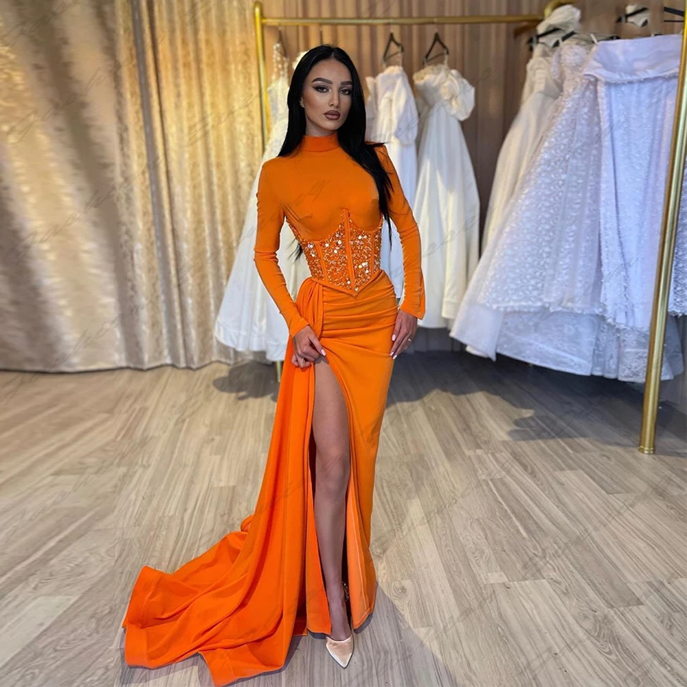 Gorgeous gold lace applique long sleeve high thigh slit jersey prom formal  evening pageant Dress Gown