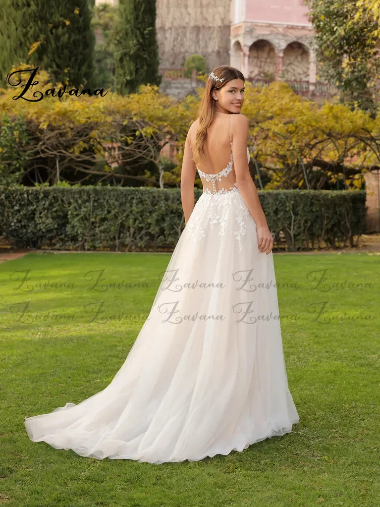 Spaghetti Straps Wedding Dresses A-Line Sexy V-Neck Lace Sweep