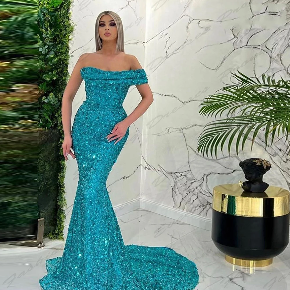 Luxury Mermaid Evening Dresses Sparkling Beading Beautiful Off The Shoulder With Sleeves Simple Slimming Mopping Prom Gowns 2024 1