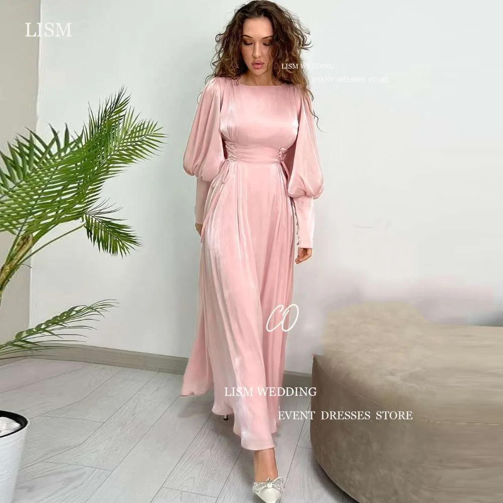 LISM 2024 Simple Pink Velvet Evening Dresses With Belt A-Line Full Sleeves Square Collar Ankle Length Pleat Formal Prom Gowns 1