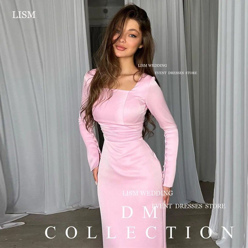 LISM 2024 Simple Pink Mermaid Evening Party Dresses Square Collar Long Sleeves Pleat Formal Prom Gowns 1