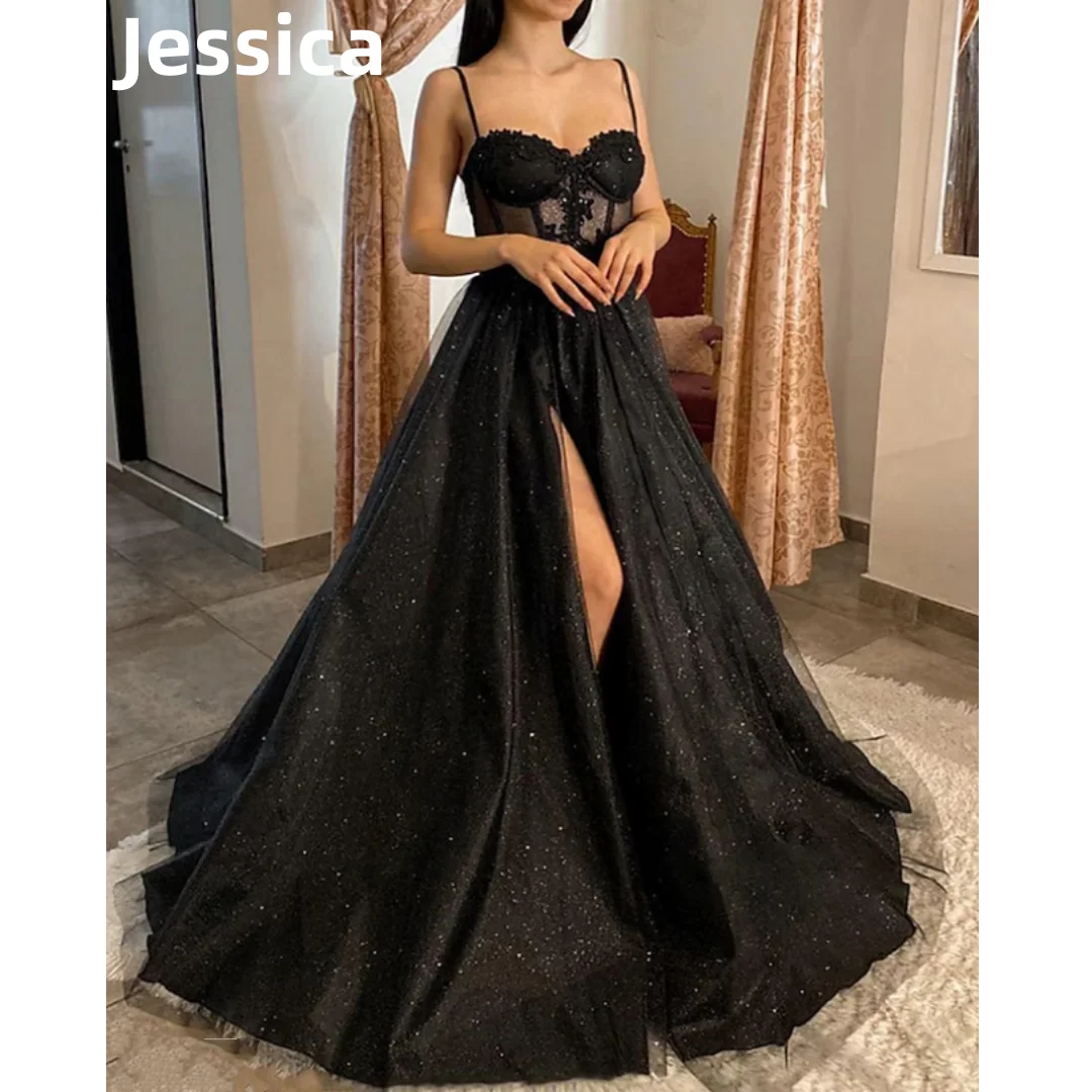 Jessica Glitter Prom Dresses Spaghetti Strap Corset Evening Dress Vestidos De Fiesta Side Slit Formal Occasions Party Dresses 1