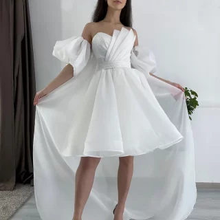 Organza White Wedding Dresses 2024 Sweetheart Hi-lo Bride Gowns Puff Sleeves A-line Ivory Civil Wedding Dress Engagement Skirt 1