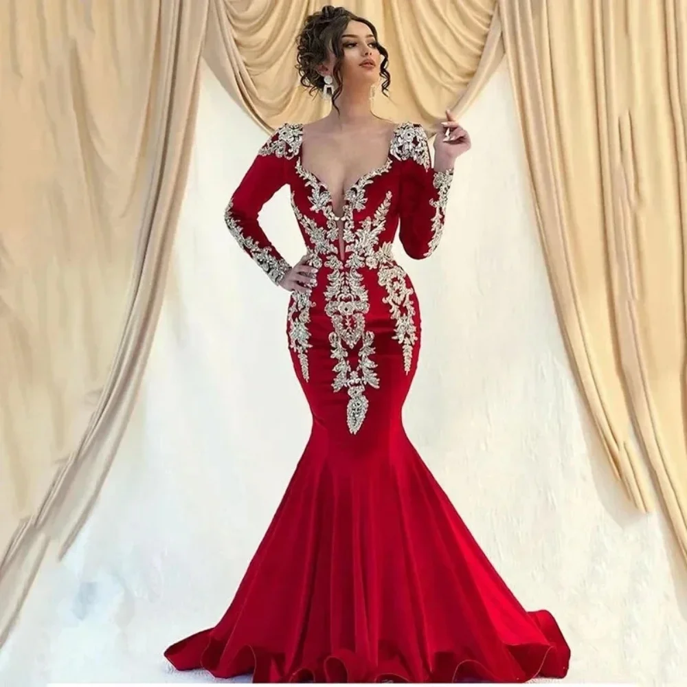 Pretty Lace Appliques Saudi Evening Dresses For Women Floor-Length Velour Mermaid Long Sleeves Party Prom Formal Robes De Soirée 1