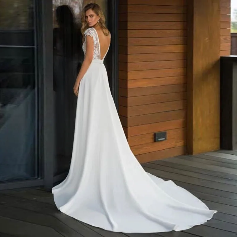 Deep V-neck Wedding Dresses Satin Bridal Dress Floor Length Wedding Party  Dresses Vestido Elegante Mujer, Beyondshoping