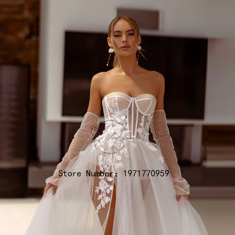 Modern Strapless Wedding Dresses Applique Lace Elegant A Line High Side  Slit Custom Made Formal Bridal Grown 2024 Rode De Morrie, Beyondshoping