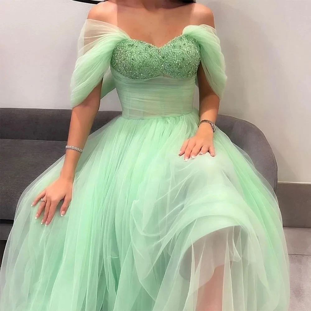 Saudi Arabic Tulle Evening Dresses Crystal Beadings Off the Shoulder Tea-Length A-Line Prom Dress  Party Gown 2023CL-458 1