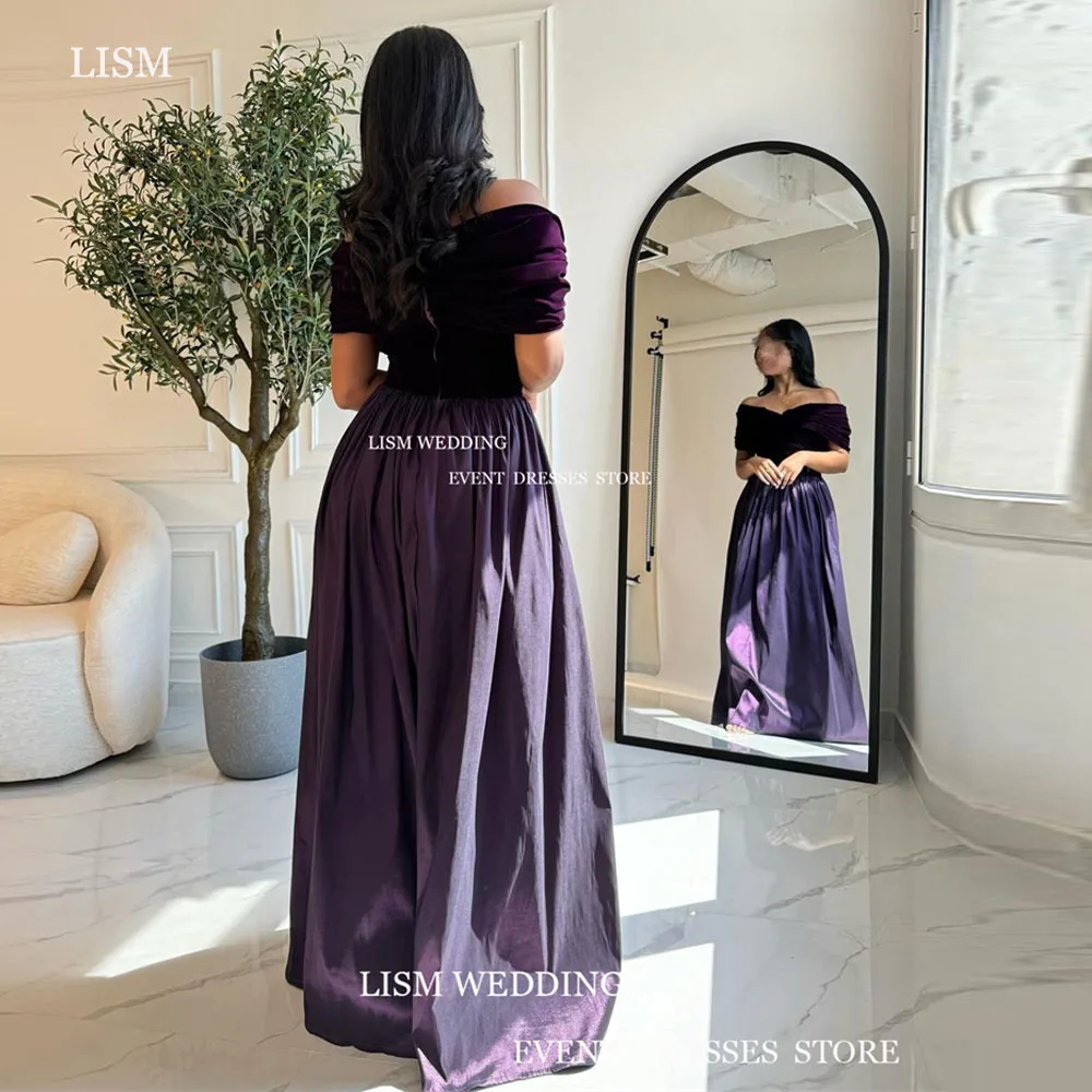 LISM Simple Purple Off The Shoulder Evening Dresses Saudi Arabic Pleat A-Line Floor Length Formal Prom Gowns 1