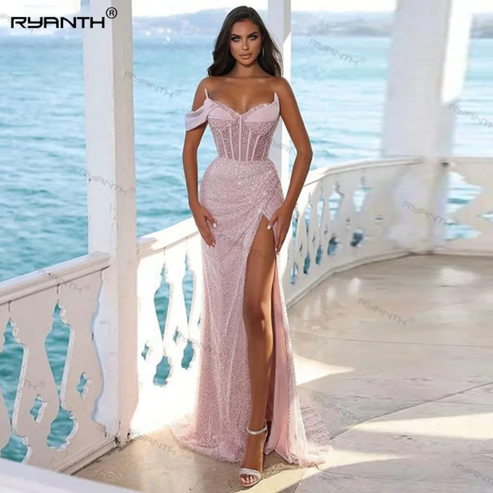 Sparkly Strapless One Sleeve Pink Sequin Evening Dresses Sexy Side Split Party Dresses Mermaid Long Prom Dresses For Women 2024 1