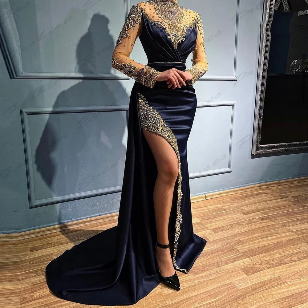 Luxury Mermaid High Collar Evening Dresses Exquisite Sexy Mermaid Long Sleeved High Slit Formal Simple Mopping Prom Gowns 2024 1