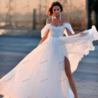 Graceful Wedding Dresses A-Line Tulle Tiered Bridal Gowns Off The Shoulder Sexy Robes High Split Backless 2024 Vestidos De Novia 1