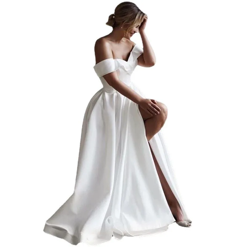 Glamorous Strapless Silk Satin Sheath Wedding Dress with Off-the