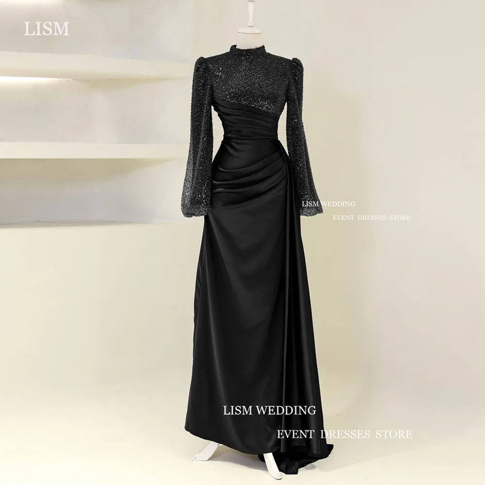 LISM Vintage Black Glitter Satin Evening Dresses High Neck Full Sleeves Asymmetrical Pleat Formal Prom Dress Real Picture 1