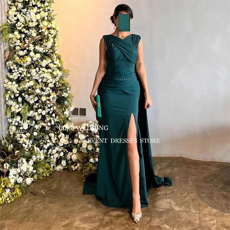 LISM Green Satin Mermaid Evening Dresses With Slit  Araic Dubai V Neck Pleats High Split Long Formal Prom Dress 1