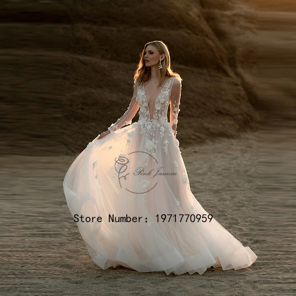 Exquisite Deep V Neck Wedding Dresses Full Sleeves Applique A-Line Lace Bridal Gown Button Tulle 2024 New vestidos de novia 1