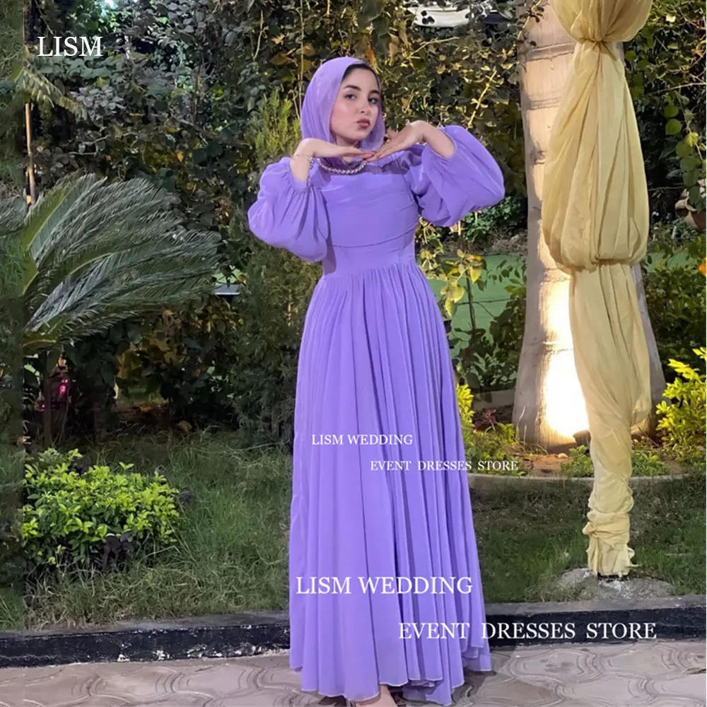 LISM Vintage Purple Chiffon Evening Dress Saudi Arabia Dubai Puff Sleeves A-Line Floor-Length Formal Occasion Dress With Veil 1