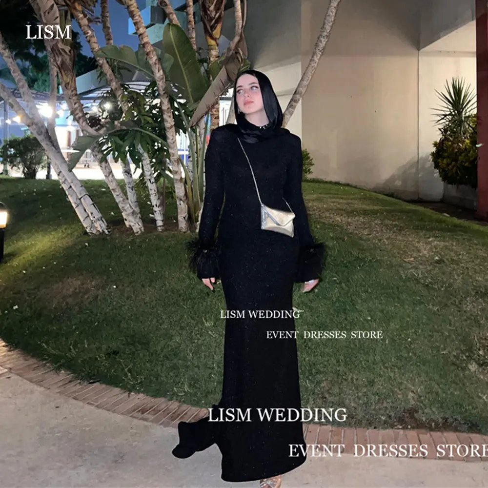 LISM Vintage Black Sequin Evening Dress Long Velour Mermaid  Prom Gown With Hijab High Neck Saudi Arabia Formal Occasion Dresses 1