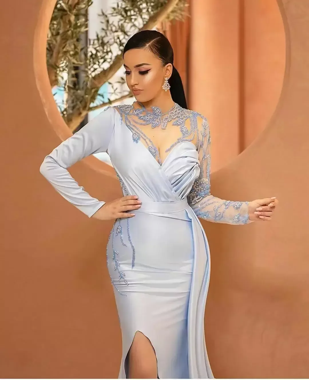 Mermaid Light Blue Prom Dresses With Illusion Jewel Neckline, Beaded  Detachable Train, Side Split, Satin Pleated Perfect For Formal Evening  Events From Weddingsalon, $115.01