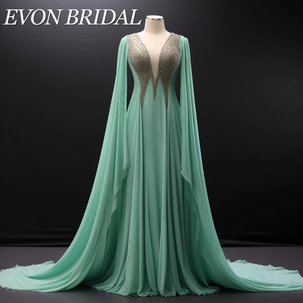 EVON BRIDAL Chiffon Evening Dress With Cap Sleeves Deep V-Neck Saudi Arabic Formal Wedding Party Gown Beads فساتين سهره Elegant 1