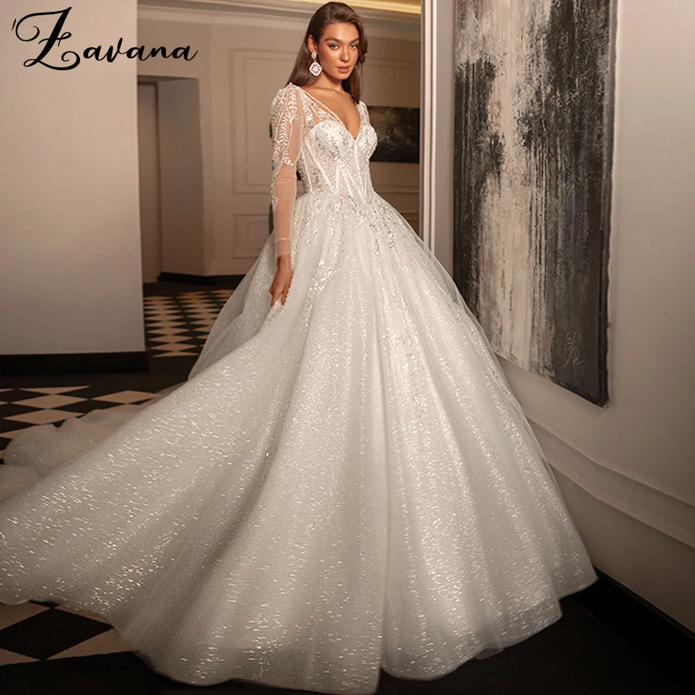 Zavana Glamorous Criss-Cross Wedding Dresses Ball Gown Long Sleeves Backless Zipper Court Train Vestidos De Novia Made to Order 1