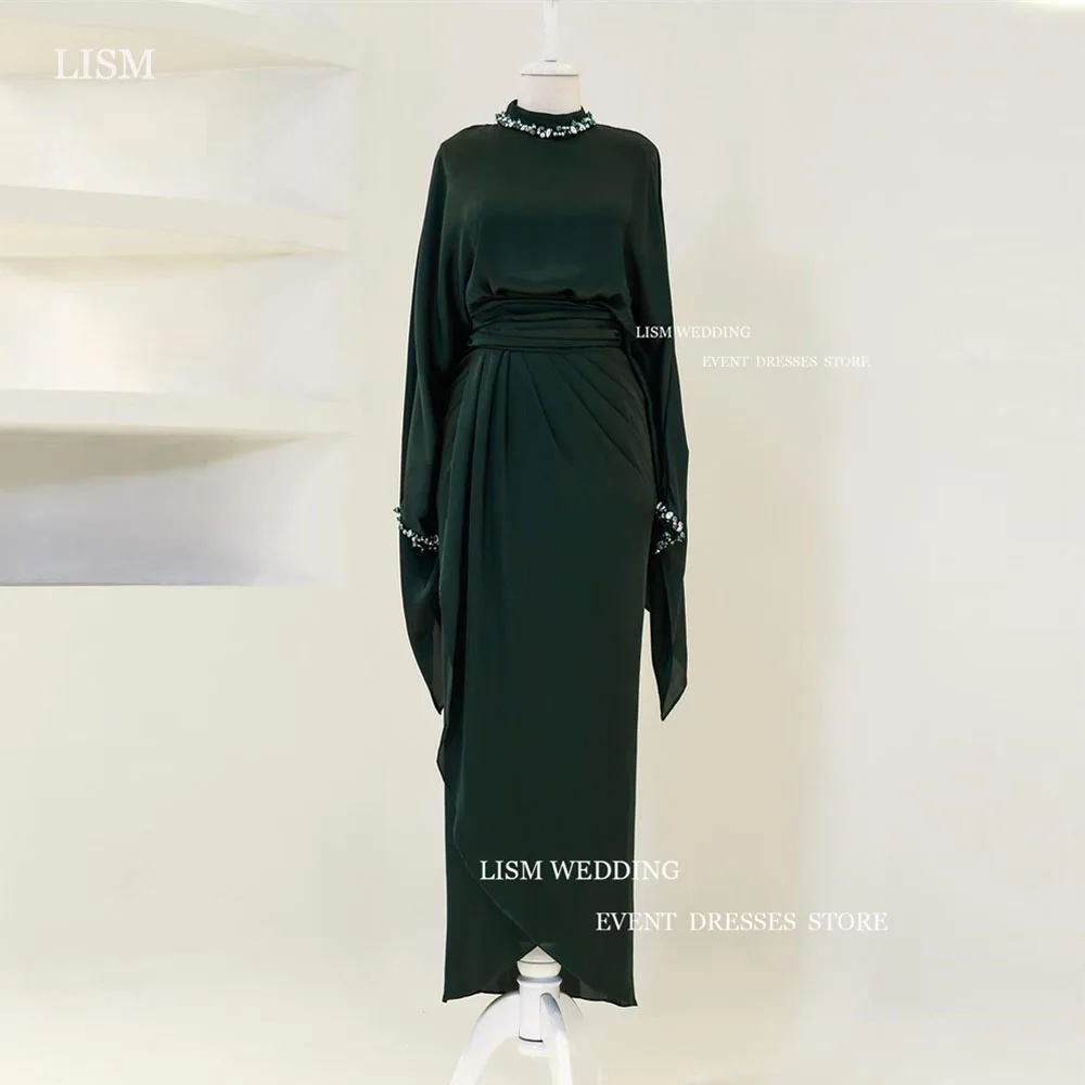 LISM Vintage Emerald Green Silk Soft Satin Evening Dresses Crystal High Neck Full Sleeves Pleat Formal Prom Dress Real Picture 1