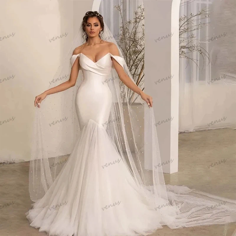 Classic Wedding Dresses Elegant Bridal Gowns V-Neck Sleeveless Satin Pleat Robes Off The Shoulder Robes Pretty Vestidos De Novia 1