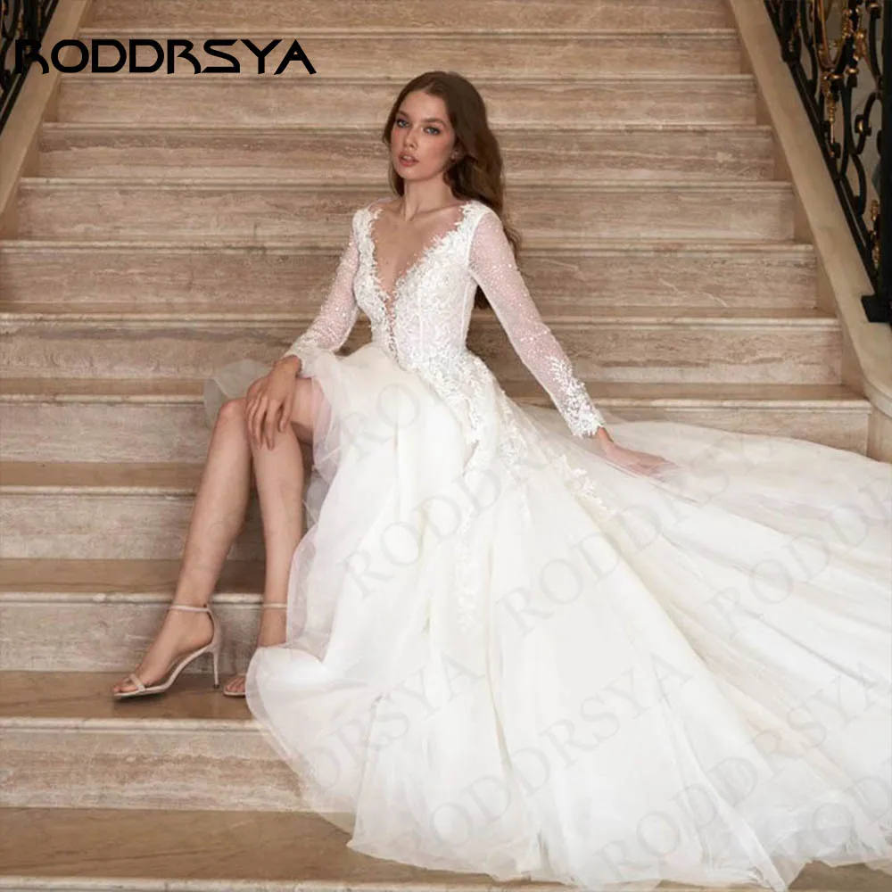 RODDRSYA Vestidos De Novia Long Sleeves Wedding Dresses For Woman Lace Illusion Back A Line Applique Beading Tulle Bridal Gown 1