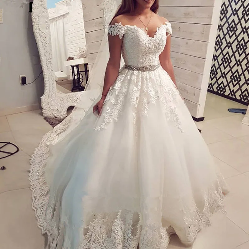 ZJ9183 2024 Off Shoulder A Line Lace Wedding Dresses For Women Bridal Gowns with Appliques Tulle Boho Beach Bride Dress 1