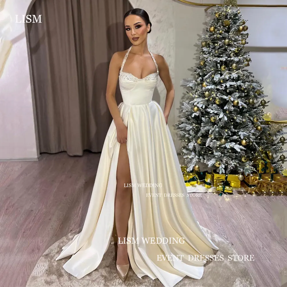 LISM Sexy High Split Satin Evening Dress Spaghetti Straps Sweetheart Formal Occasion Dress A Line Floor Length Prom Gown 1