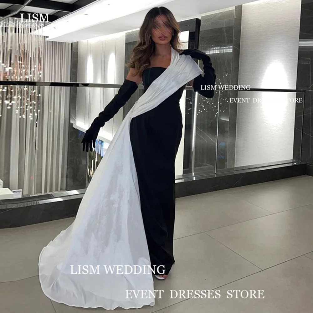 LISM Black And White Satin Evening Dresses Dubai Arabic Strapless One Shoulder Mermaid Floor Length With Gloves Formal Prom Gown 1