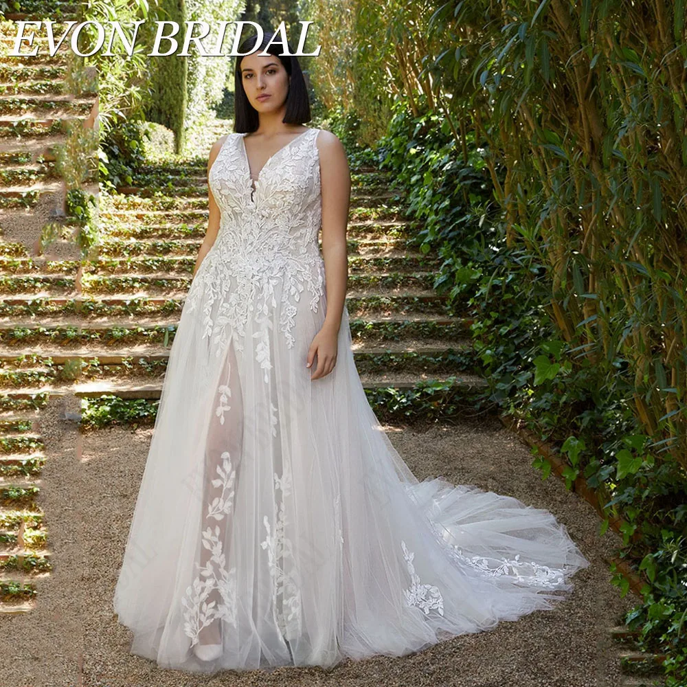 EVON BRIDAL Elegant Plus Size Wedding Dress Sleeveless A-Line Side