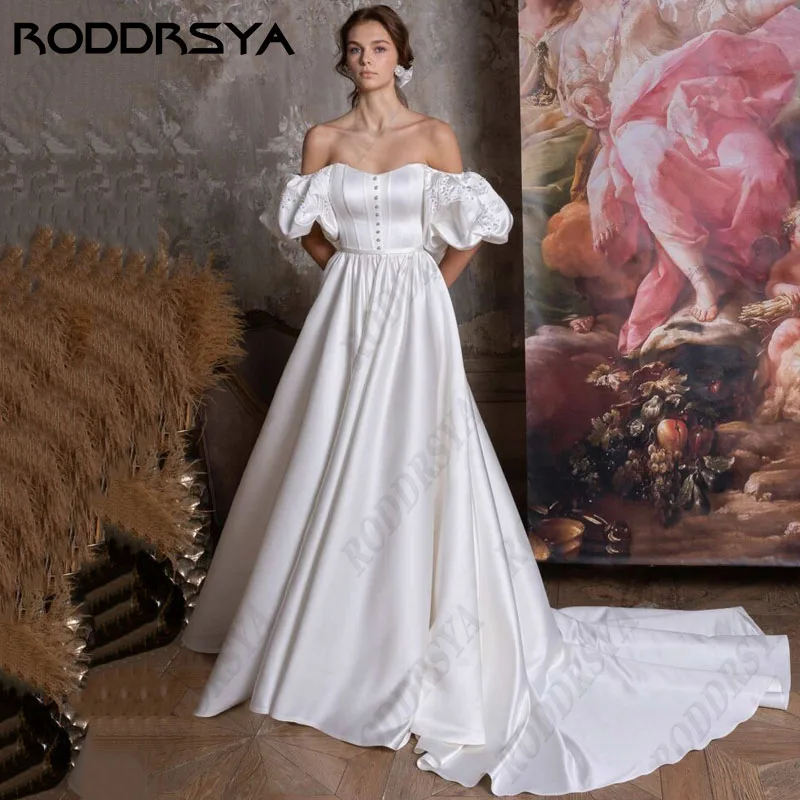 RODDRSYA Princess Strapless Wedding Dresses Lantern Short Sleeve Button vestidos de novia Simple White Satin A-line Custom Made 1