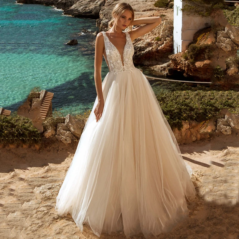 ZJ9222 Beach Tulle V Neck Wedding Dress For Women Simple Ivory Sleeveless A-line Boho Bridal Gown Backless 2023 Flowy 1