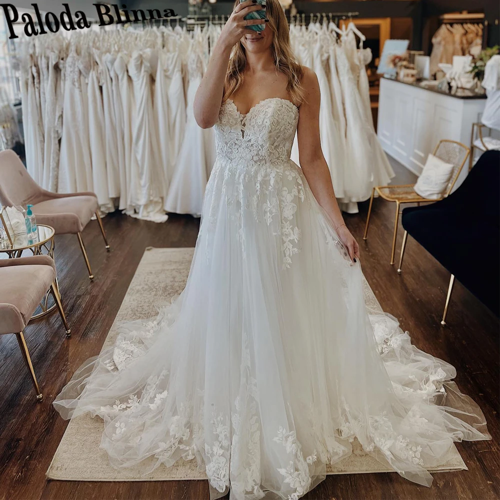 Paloda Fairy Strapless Wedding Dress 2024 Bridal Gown Lace Appliques Chapel Train Vestido De Casamento Sleeveless Drop Shipping 1