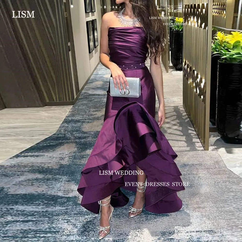 LISM Purple Mermaid Evening Party Dresses Strapless Sleeveless Pleat Formal Occaion Prom Gowns With Belt 1