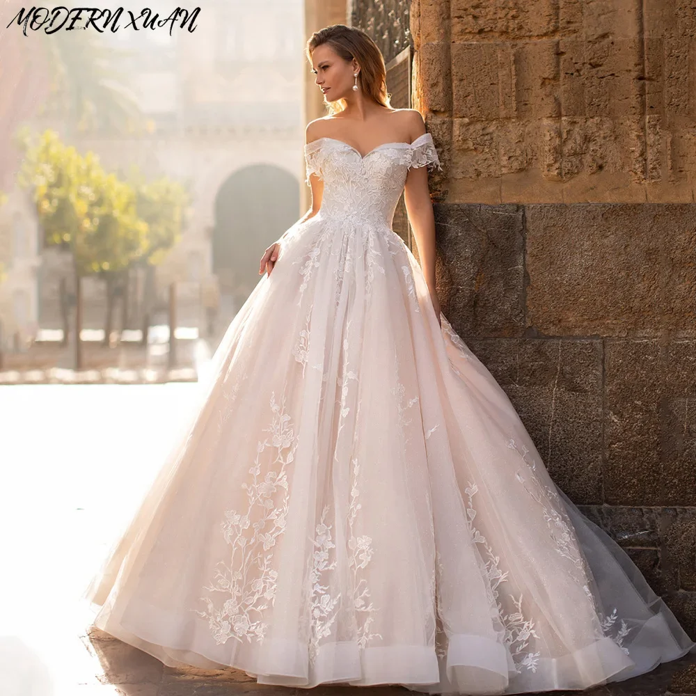 Women's off-shoulder super lacy pearl white tulle wedding gown