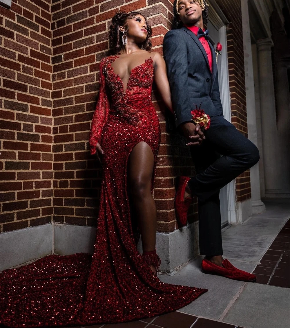 Slit Burgundy One-shoulder Long Prom Dresses For Black Girls Sequins Beaded Birthday  Party Dresses African Evening Gown Robe De – Beyondshoping