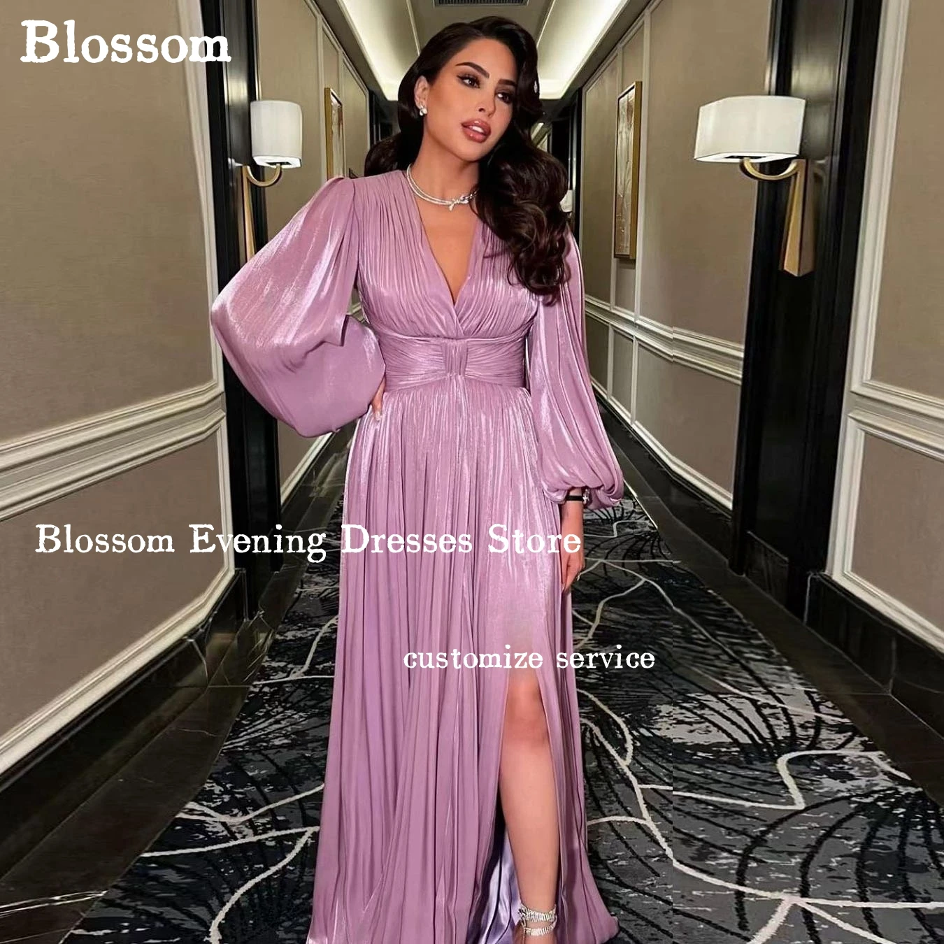 V-neck Puff Long Sleeves Elegant Women‘s Evening Dresses For Prom Glossy Satin A-line Wedding Party Gown فساتين مناسبة رسمية 1